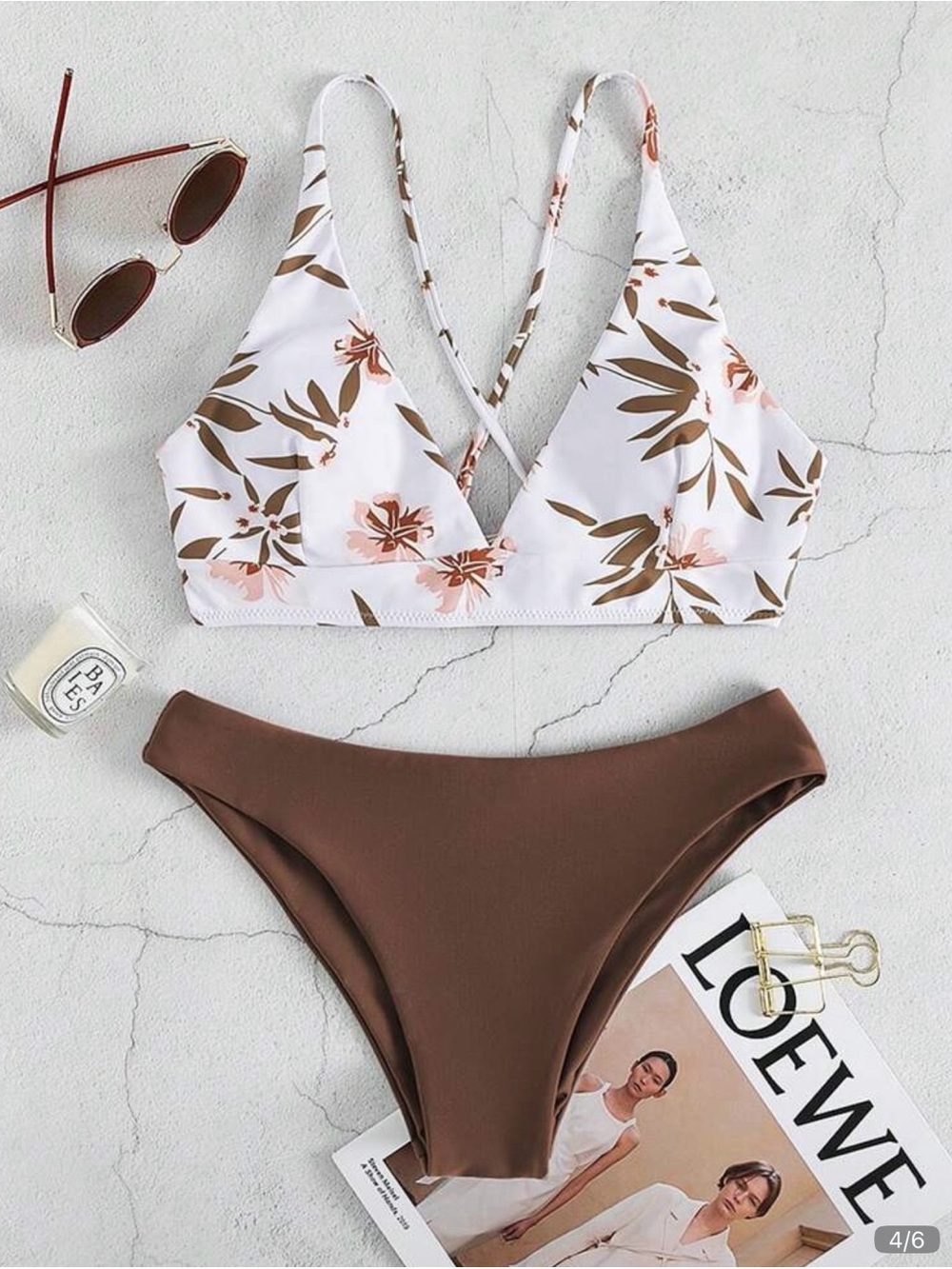 SHEIN Floral Print Bikini Top with Solid Brown Bottom